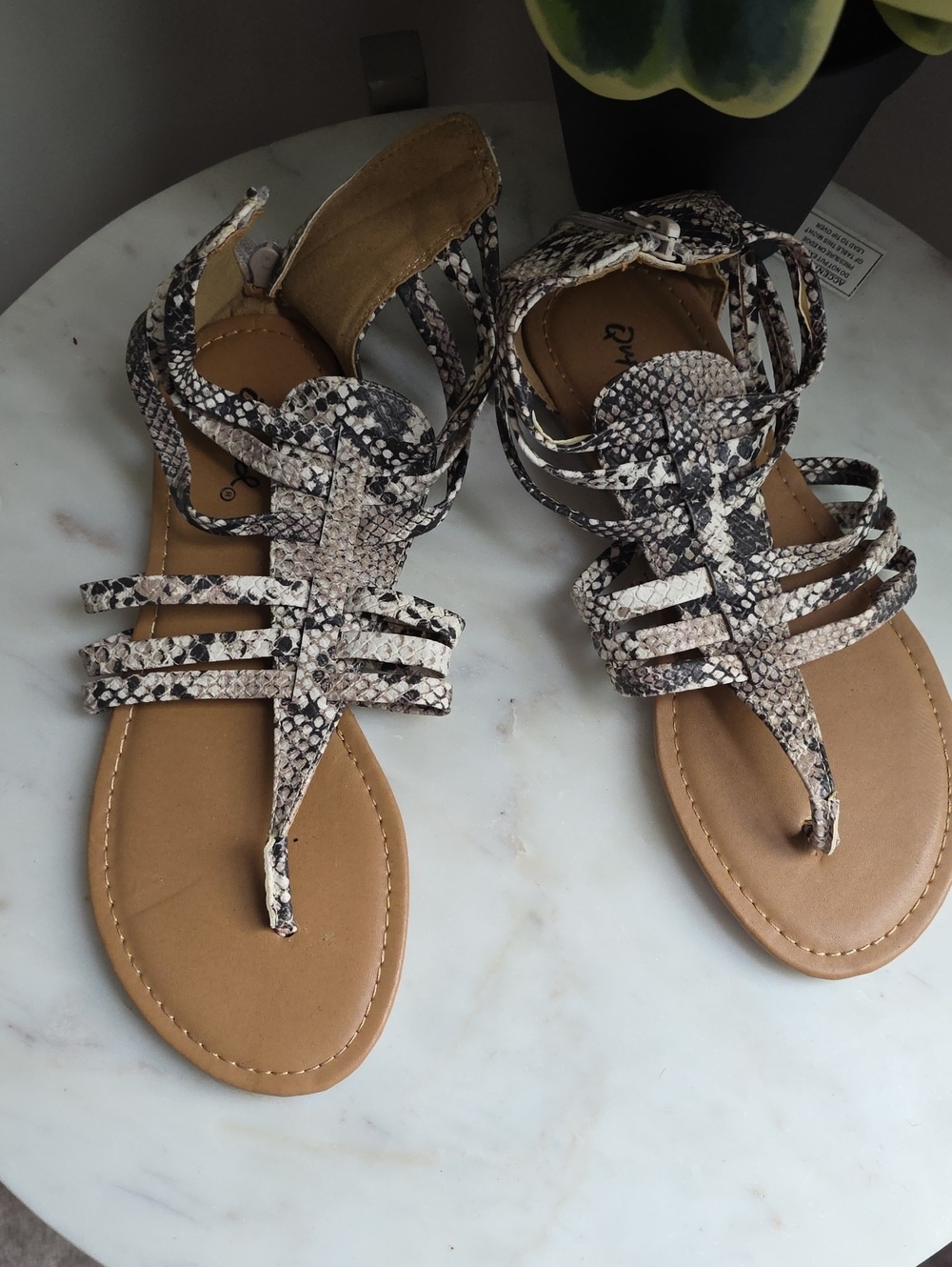 Qupid Snake-Print Lace-Up Toe-Post Sandals - Neutral Snake